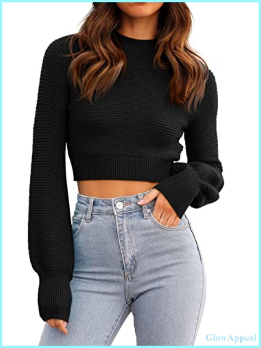 Ribbed Knit Cropped Sweater Slim Fit Crew Neck Long Sleeve Pullover